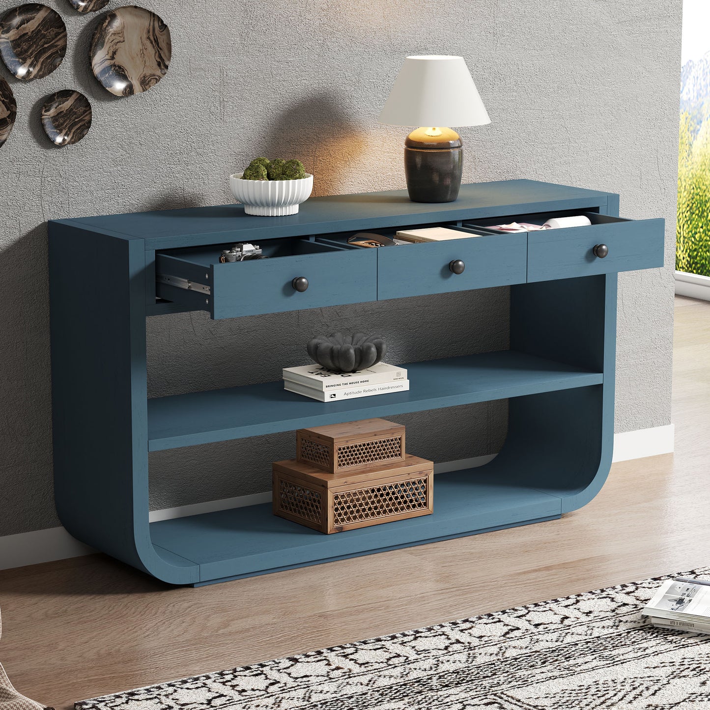 Video  Modern Curved Console Table With 3 Soft-Close Drawers & 2 Open Shelves, Solid Wood Base, Entryway Table For Living Room Hallway Study, Blue