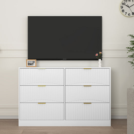 Modern 6-Drawer Dresser, Chest Of Drawers For Bedroom, Living Room, Hallway, And Entryway - Large Storage Cabinet, White,Drawer Panel With Wavy Patterns