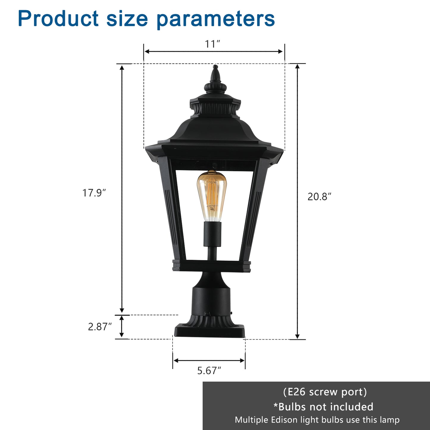 21 H 2-Pack Outdoor Post Lantern Light  Vintage Black Metal & Clear Glass Pillar Lamp For Garden, Gate, Driveway, And Pathway Lighting With Elegant Design Bulb Not Included