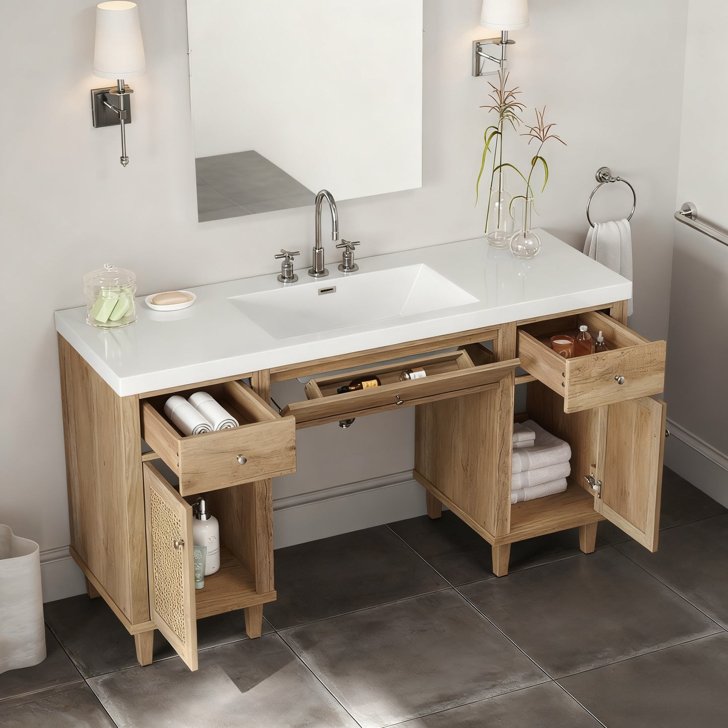 60 Inch Bathroom Vanity With SMC Sink, Modern Spacious Bathroom Storage Cabinet With Soft Close Drawers And Tip-Out Tray, Solid Wood Legs And Silver Metal Knobs, Wheelchair-friendly Style,Wood Color