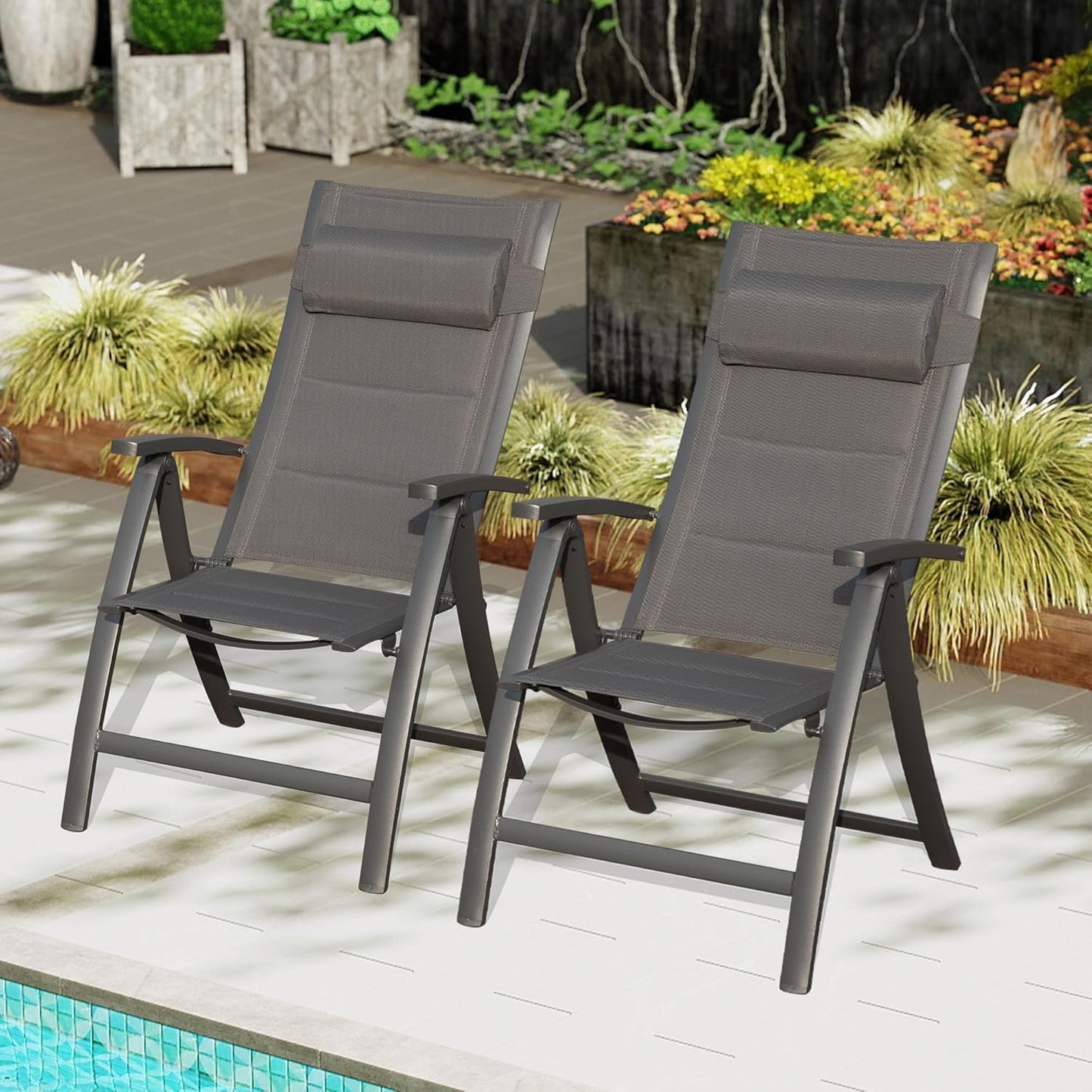 Patio Folding Chairs Set Of 2,Padded Textilene Fabric Seat