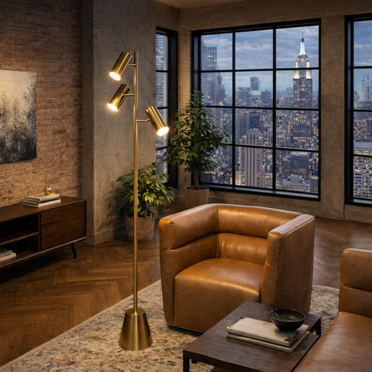 Lumina Brassed Gold Floor Lamp With Rotary  Triple Spots Metal Cone Base
