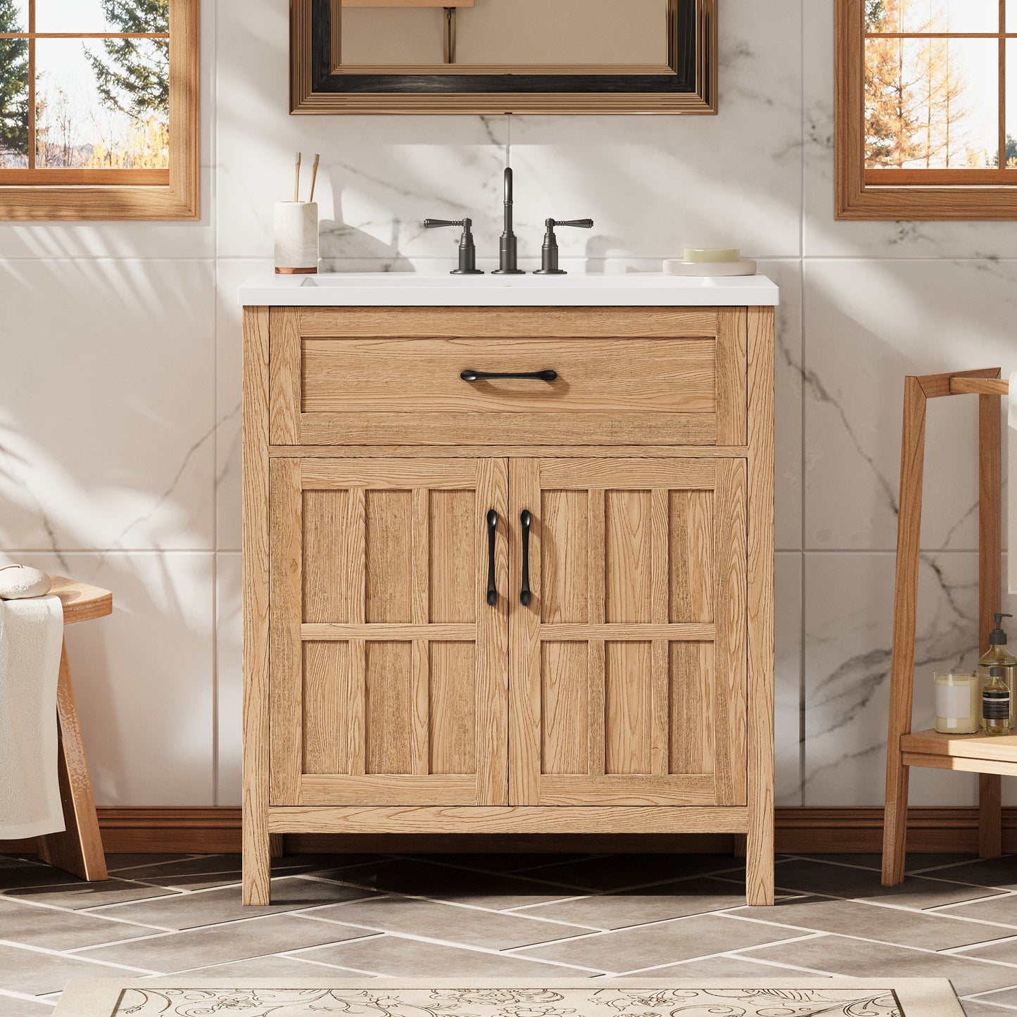 30   Bathroom Vanity With Resin Sink, Solid Wood Frame Bathroom Sink Cabinet With Adjustable Shelf, Cabinet Door Organizers, Natural Wood Grain