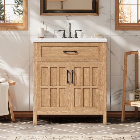 30   Bathroom Vanity With Resin Sink, Solid Wood Frame Bathroom Sink Cabinet With Adjustable Shelf, Cabinet Door Organizers, Natural Wood Grain