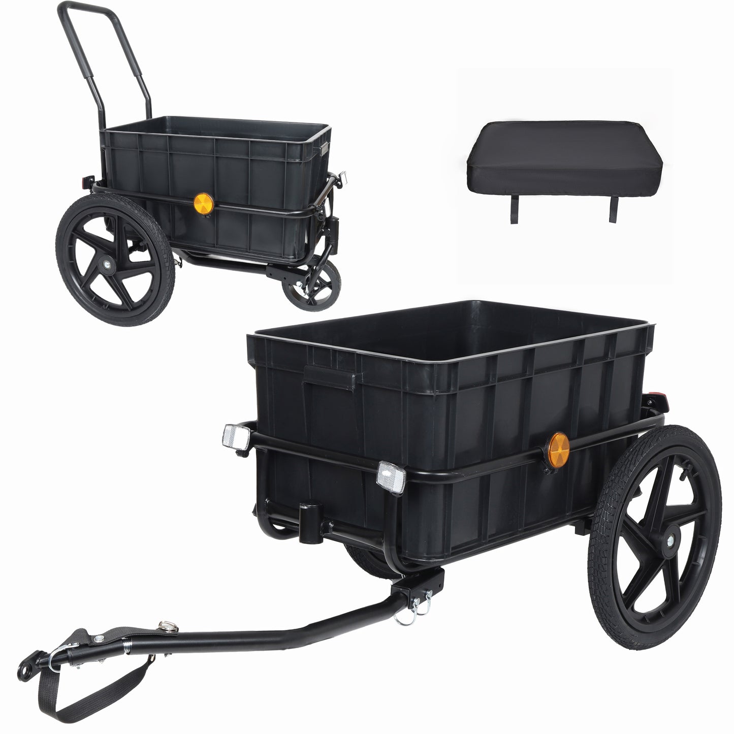 2- In- 1 Bike Cargo Trailer Pushcart  Bicycle Trailer With Removable Box And Waterproof Cover  Black  Pushcart Stroller With Tow Hitch And Removable Handlebar  Black