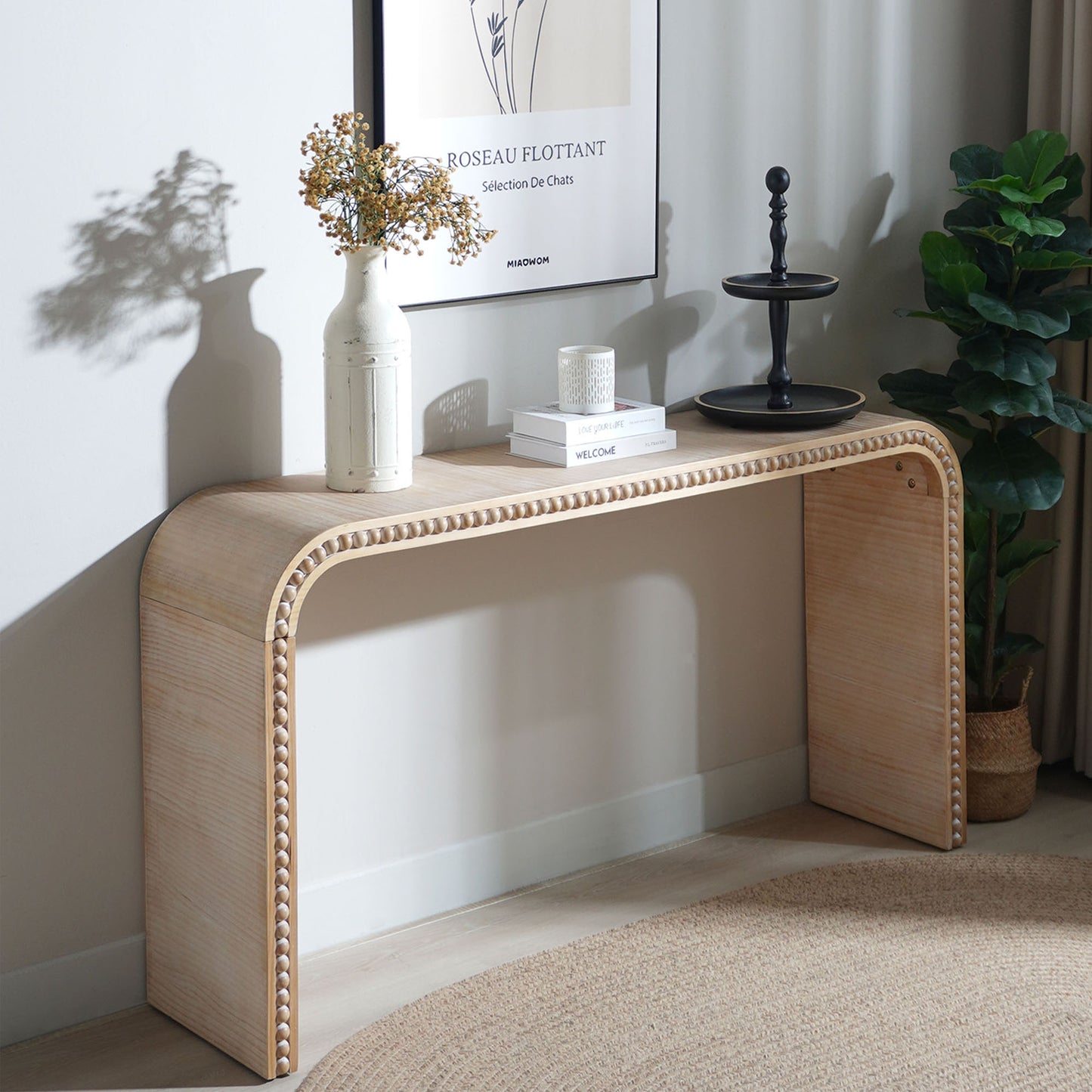 Natural Wood  Console Table, 59in Entryway Table, Curved Waterfall-style Table,Console Table With Wood Beads,Entrance Table For Entryway, Hallway, Living Room, Foyer, Corridor, Office