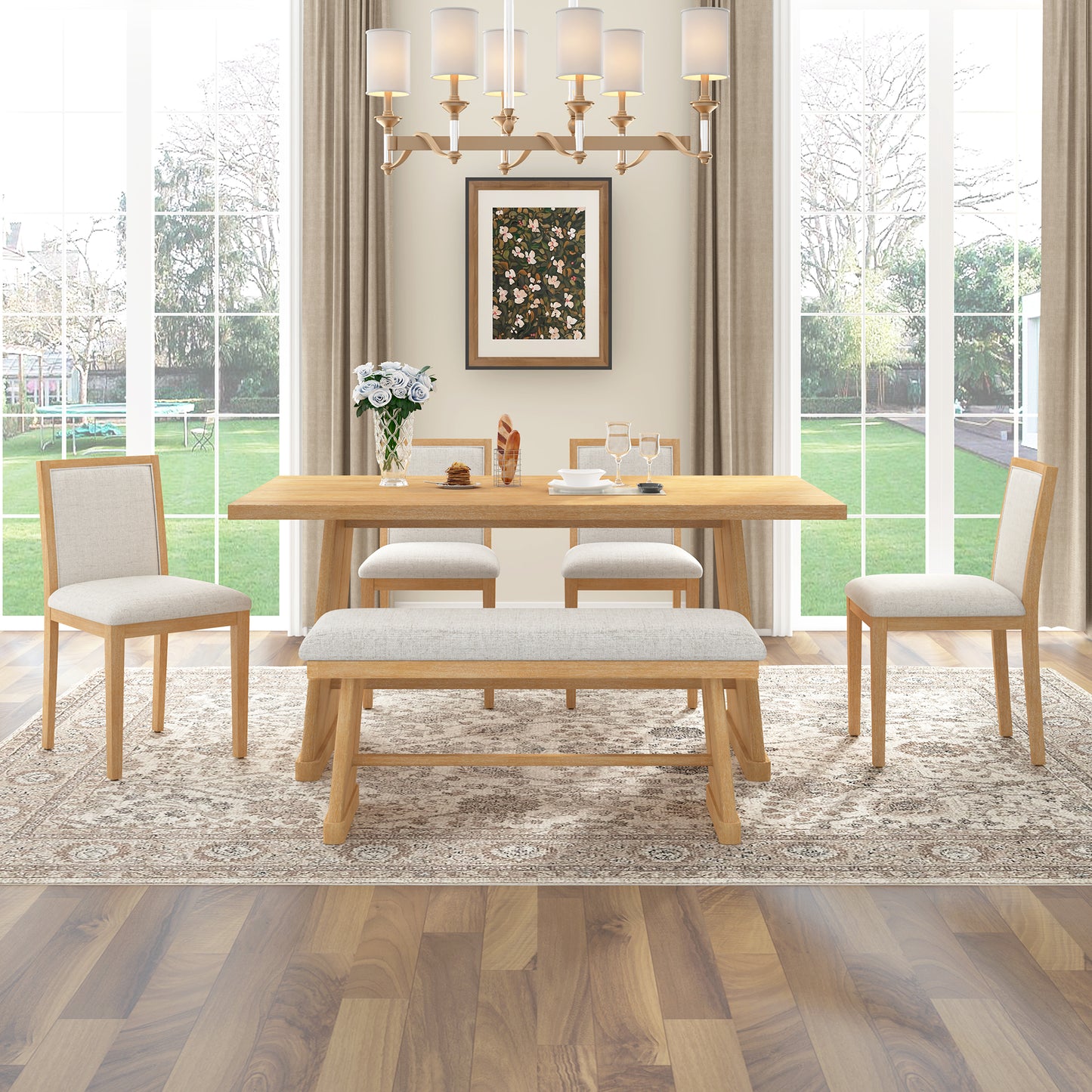 TREXM 6-Piece Rustic Farmhouse Dining Table Set With Wire Brushed Design, Rectangular Dining Table With Trapezoid Legs, 4 Upholstered Linen Chairs & 1 Padded Bench For Dining Room & Kitchen Natural