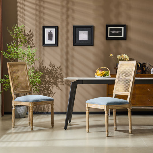 French Country Dining Chairs - Elegant Cane Backrest & Upholstered Seats With Fluted Legs - Rustic Weathered Finish - Solid Rubberwood Frame - Vintage Inspired Kitchen & Dining Room Chairs