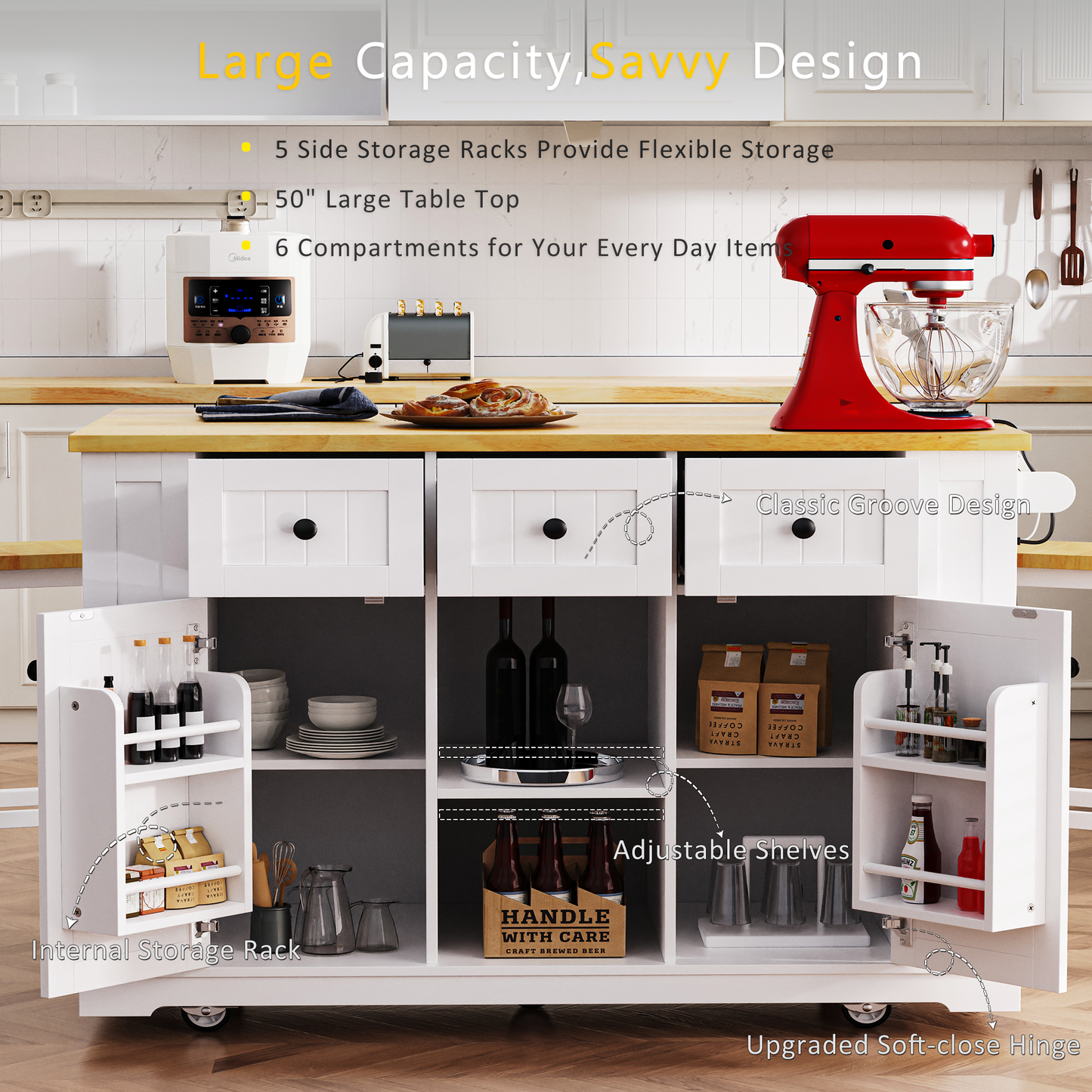 K&K 53inch Large Kitchen Island With 2 Bar Stools, Power Outlet,Door Internal Storage Rack, Kitchen Storage Cart On 5 Wheels With Drop Leaf, 5 Open Side Racks, 3 Drawers,White Three Packages