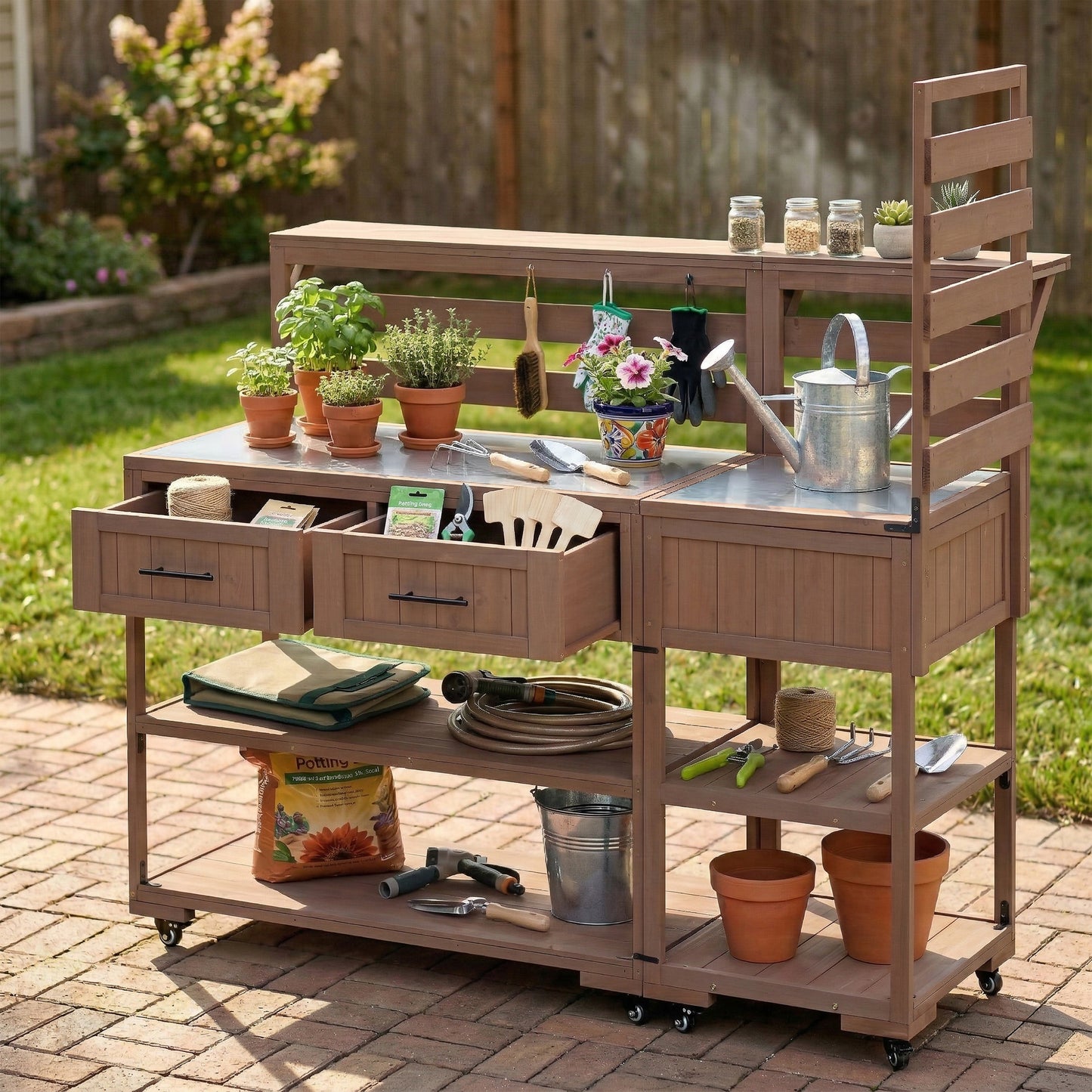 With Assembly Video  TOPMAx 62.3  Patio Kitchen Island Solid Wood Kitchen Cart With Stainless Table Top  Garden Potting Bench With Raised Shelf And Drawers  Grill Prep Table For BBQ  Party  Brown