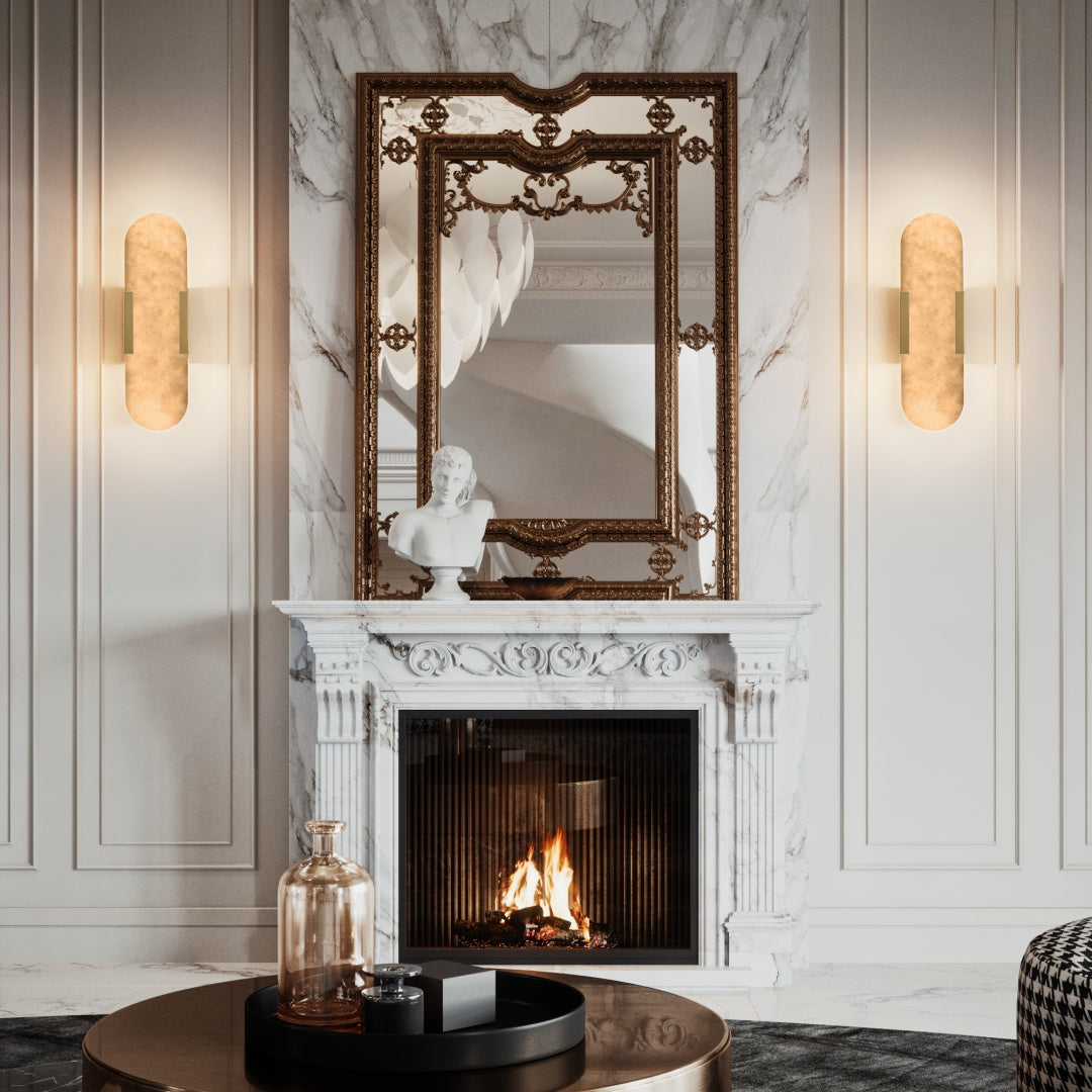 13.8in Natural Marble Wall Sconce, Gold Sconces Set Of Two, Indoor Modern Bathroom Sconces Wall Lighting For Living Room, Bedroom, Hallway, Stairs