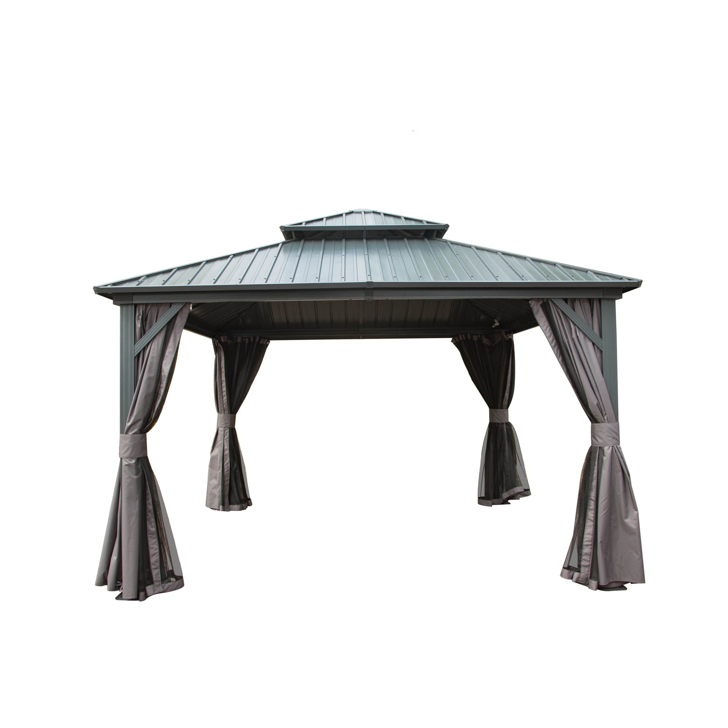 12  X 12  Hardtop Gazebo, Aluminum Metal Gazebo With Galvanized Steel Double Roof Canopy, Curtain And Netting, Permanent Gazebo Pavilion For Patio, Backyard, Deck, Lawn