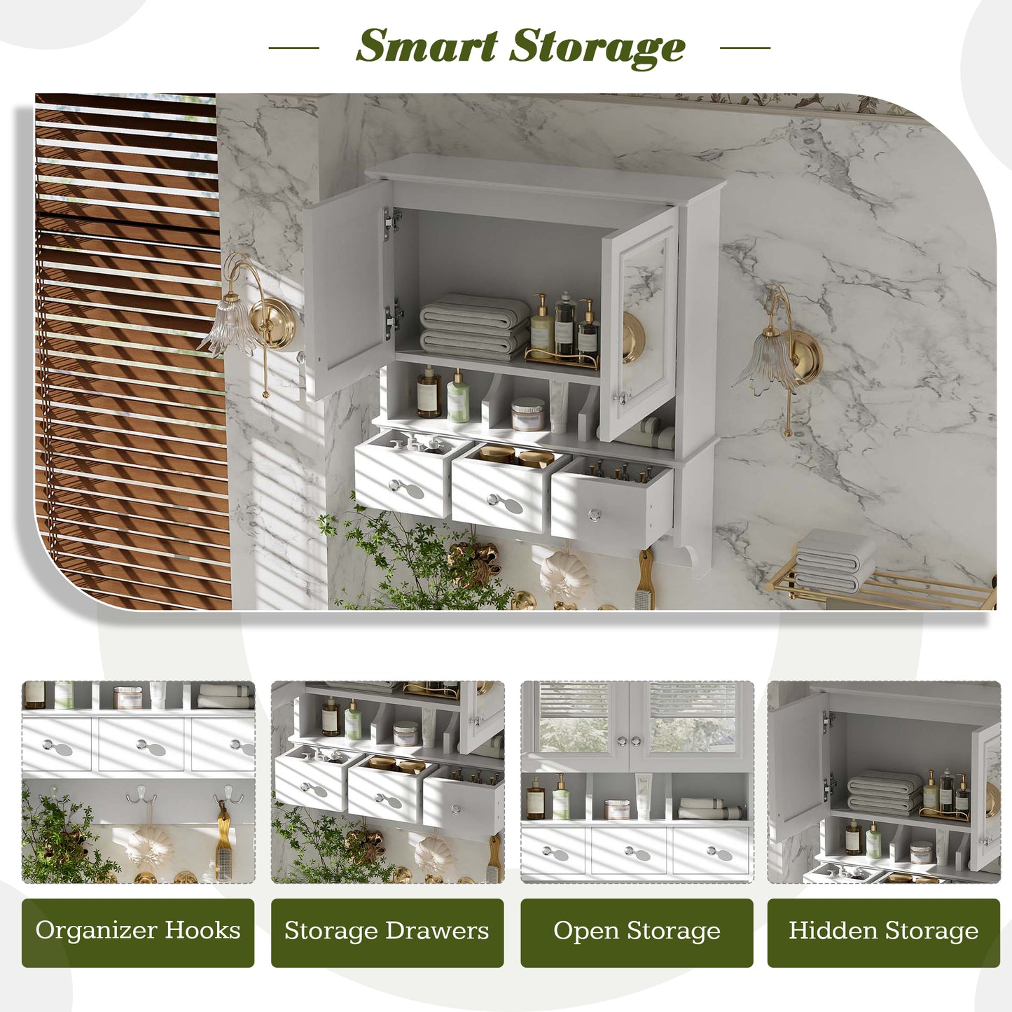 4-in-1 Bathroom Mirror Cabinet, 24-inch Wall Mounted Medicine Cabinet With Drawers & Organizer Hooks, High-Define Mirrors With Storage For Bathroom Vanity