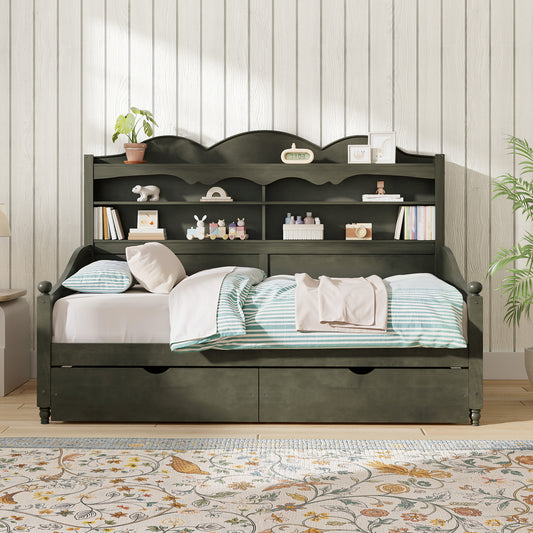 Twin Daybed With Storage Drawers, Wooden Twin Day Bed With Storage Headboard Shelving, Retro Style Daybed For Bedroom,Living Room,Guest Room,No Box Spring Needed, Easy Assembly, Antique Grey