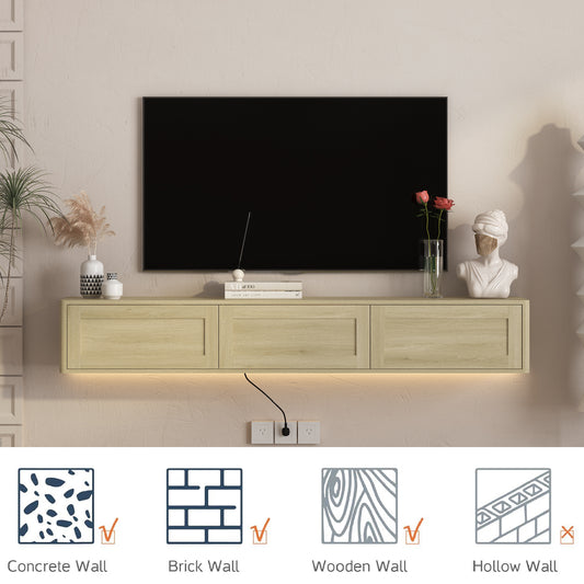 Floating TV Stand, Wall Mounted TV Shelf With Led Lights & Power Outlet,High Gloss TV Cabinet For Wood Tv Stands For Living Room