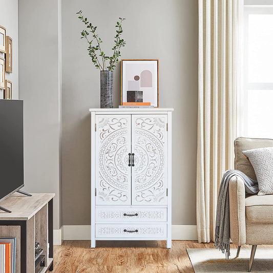 27  Accent Tall Tower White Storage Cabinet - Rustic Wood Sideboard Pantry Cabinet - Versatile Buffet Cabinet With Storage For Home Decor And Organization Chic Cabinet With Two Doors And Two Drawers