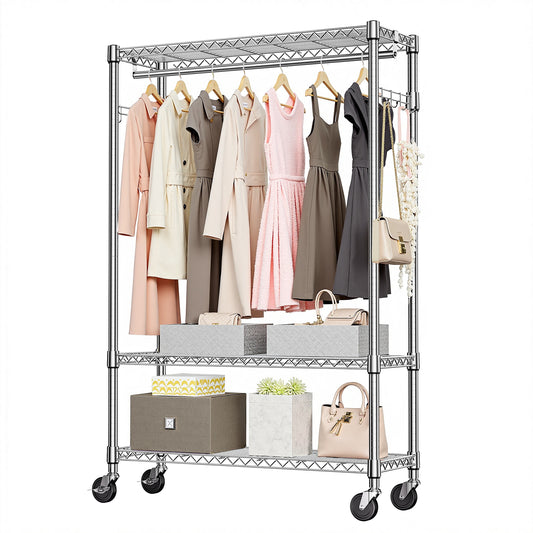Heavy Duty Garment Rack On Wheels, Rolling Freestanding Closet Organizer And Clothes Rack For Hanging Clothes With 1 Hang Rod, Adjustable Metal Wardrobe, 15.7  D X 45.3  W X 75.6  H, Chrome