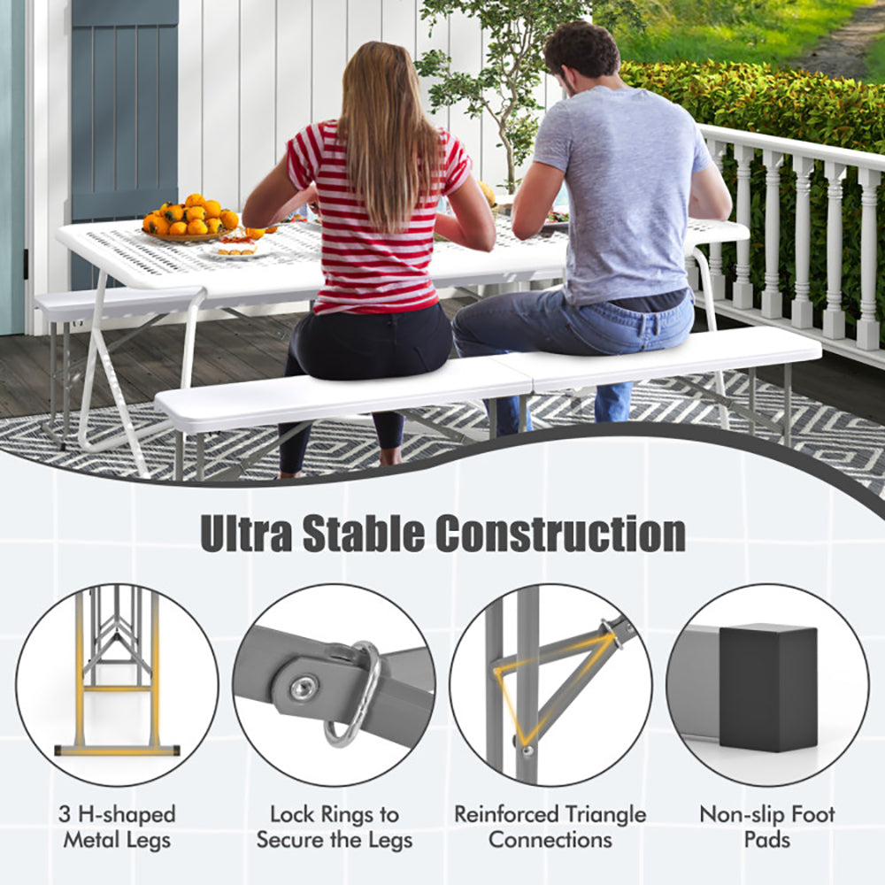 6 Feet Plastic Folding Bench Picnic Camping Dining Seat With Carrying Handle Accommodate 3 People Non-slip Foot