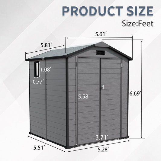 6x6 FT Plastic Outdoor Storage Shed - Lockable Resin Tool Shed With Window & Floor, Dark Gray
