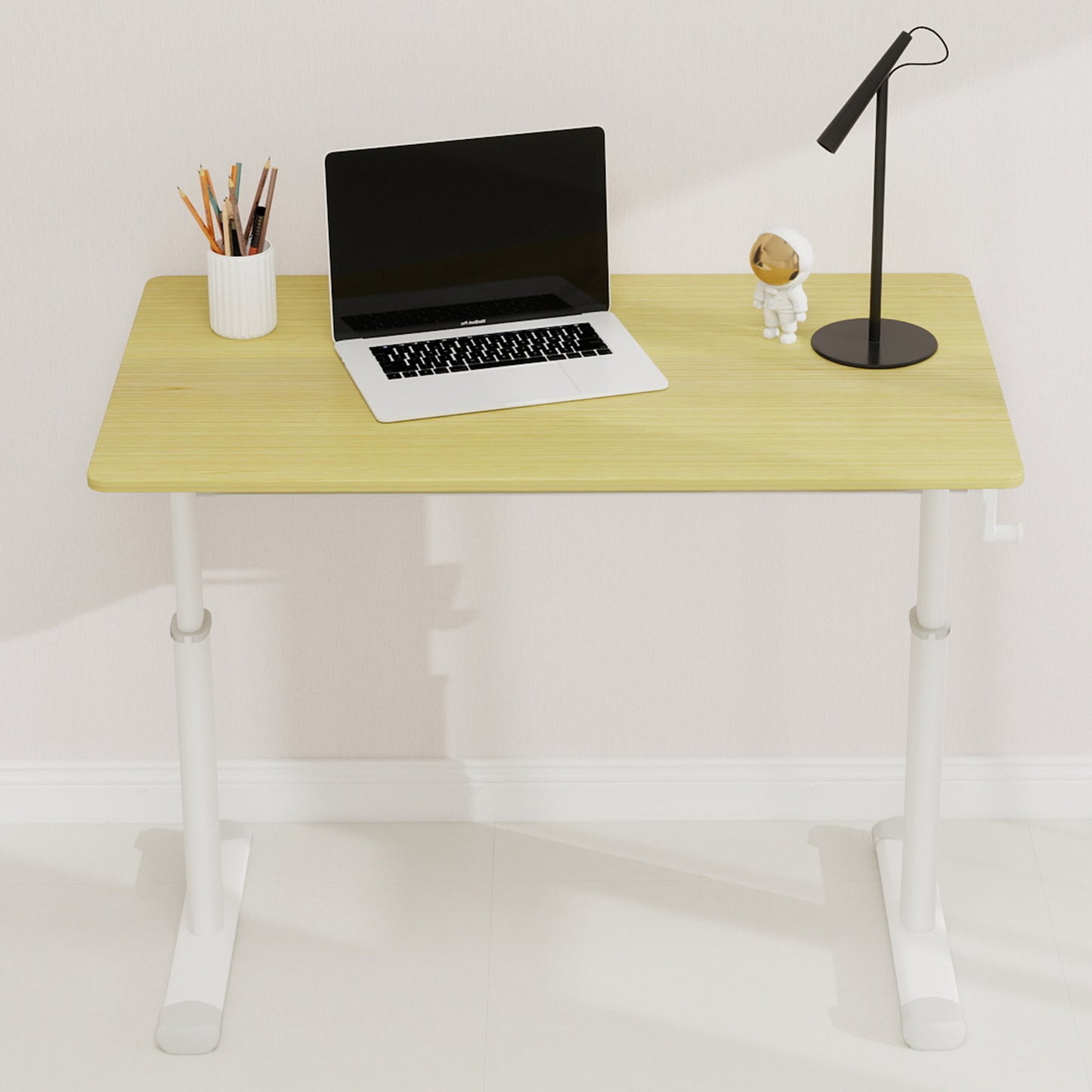 Adjustable Study Desk Suitable For Children And Adults, Height-adjustable, Multifunctional Home Office Desk, Compact Design, Desktop Dimensions 60cm X100cm, White Frame With Natural Wood-colored Tab