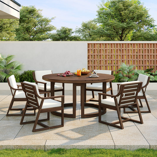 TREXM Patio Dining Table Set For 6  Round Dining Table With 1.96 Umbrella Hole  Outdoor Wooden Patio Furniture Set With Removable Cushions For Garden  Backyard And Pools  Mocha Beige Cushion