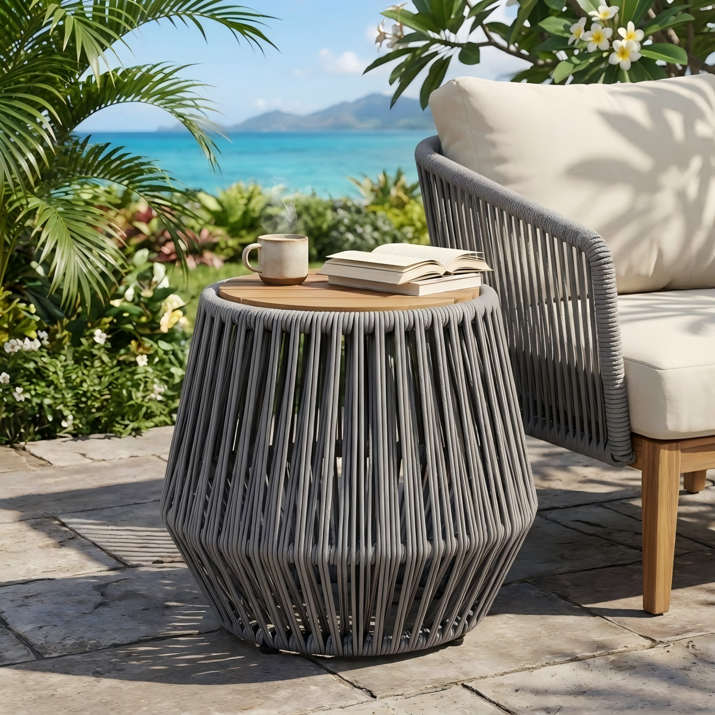 Acacia Wood Side Table With Grey Rope Base - Natural Teak Finish, Modern Coastal Accent For Patio, Garden, Balcony & Indoor Use