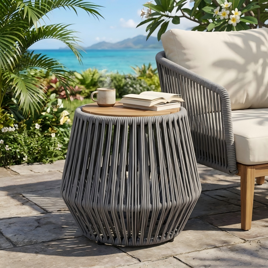 Acacia Wood Side Table With Grey Rope Base - Natural Teak Finish, Modern Coastal Accent For Patio, Garden, Balcony & Indoor Use