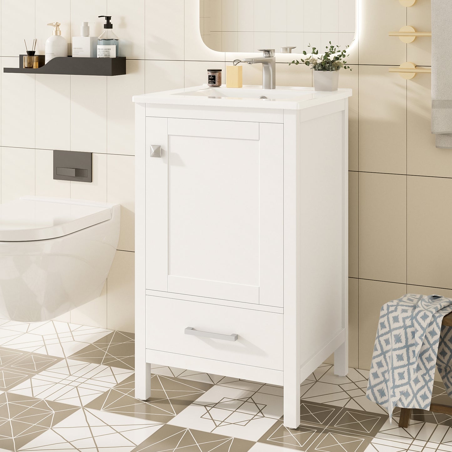 20-Inch Modern Bathroom Vanity With Ceramic Sink, Soft-Close Drawer & Door, Double-Layer Door Organizer, Divider Drawer, Adjustable Foot Pads -Space-Saving Storage Design