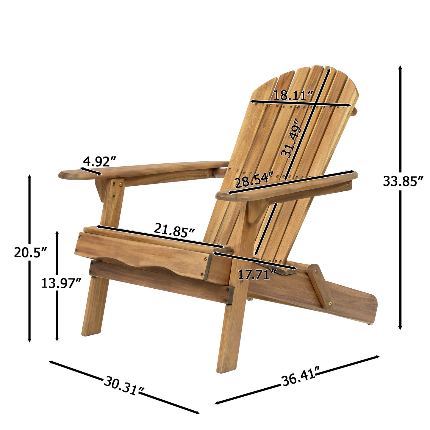 Folding Adirondack Chair Outdoor Wooden Accent Furniture Fire Pit Lounge Chairs,Foldable Design For Patio & Garden Relaxation With Slatted Back & Wide Armrests- Teak Finis