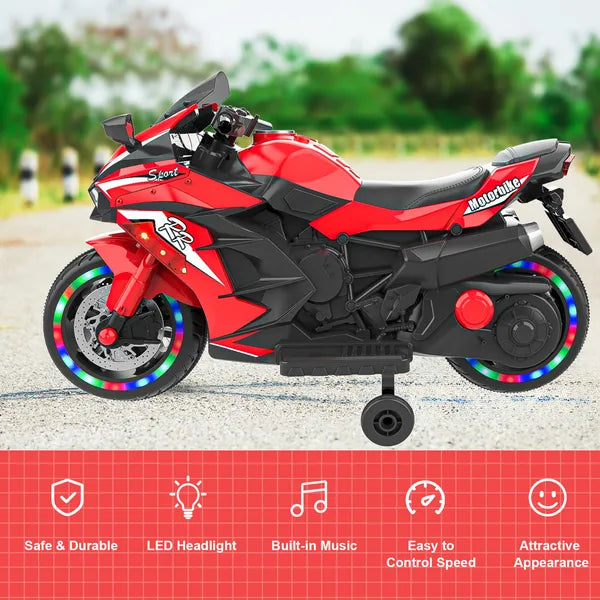 12V Electric Motorcycle For Kids, Powered Toy Motorcycle, Child Motorcycle Ride On With Light Wheels And Bluetooth Music Red - No Shipping On Weekends