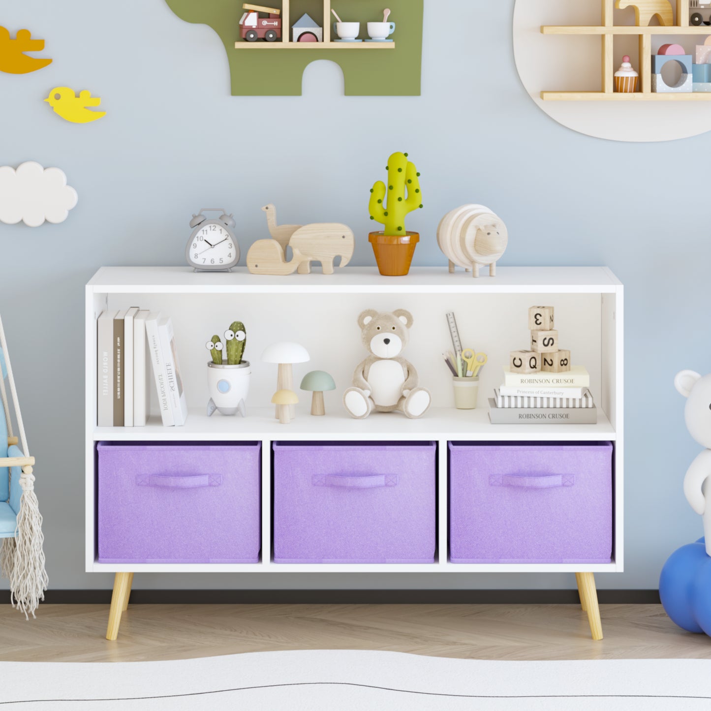 Kids Bookcase With Collapsible Fabric Drawers, Children's Book Display, Toy Storage Cabinet Organizer, White Purple