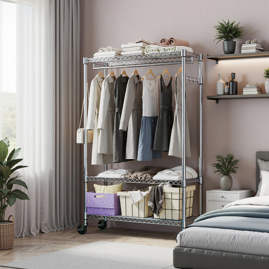 Heavy Duty Garment Rack On Wheels, Rolling Freestanding Closet Organizer And Clothes Rack For Hanging Clothes With 1 Hang Rod, Adjustable Metal Wardrobe, 15.7  D X 45.3  W X 75.6  H, Chrome