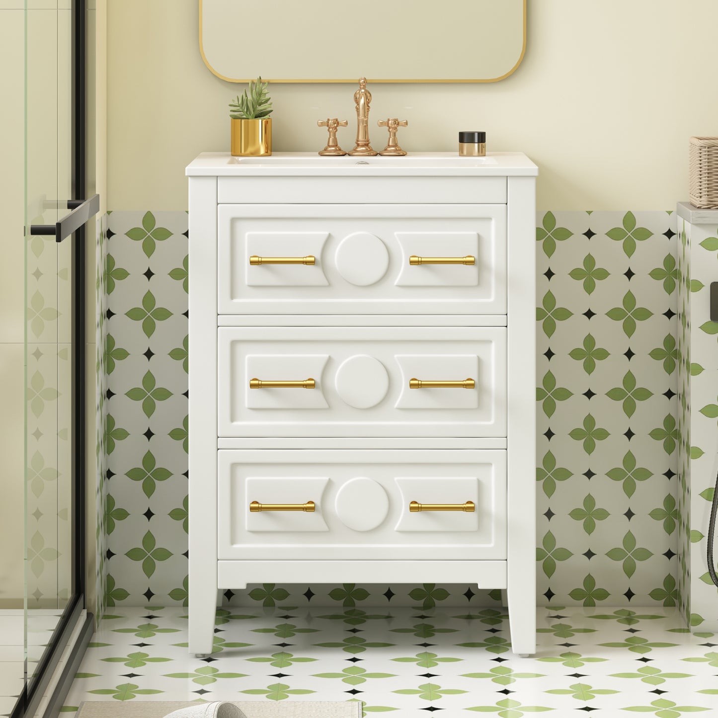 24   Bathroom Vanity With Ceramic Sink Combo, Free Standing Single Vanity Set With 3 Drawers, Solid Wood Frame Bathroom Storage Cabinet, White