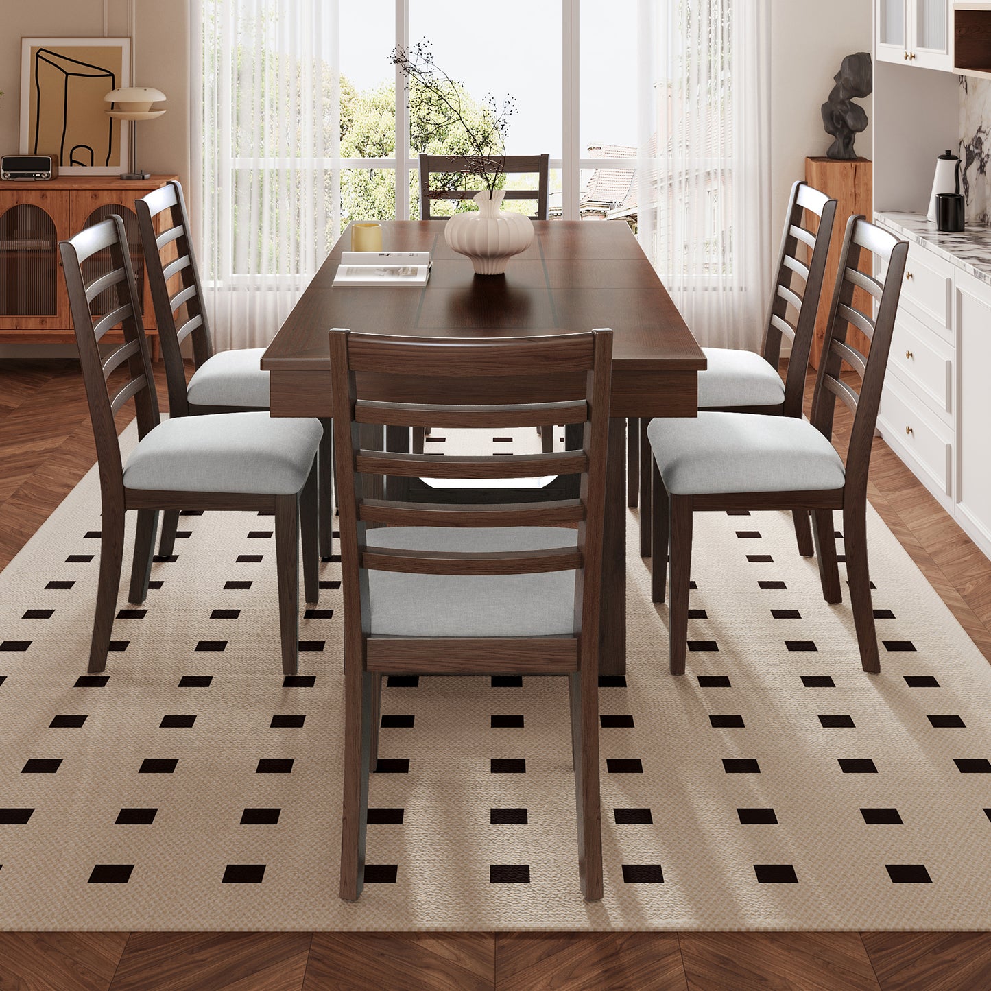 7-Piece Extendable Dining Table Set, Farmhouse Extendable Table With 18  Move Leaf, 78  Rustic Wooden Kitchen Table And 6 Piece Upholstered Chairs, Expanding Dining Room Table Set, Walnut  Beige