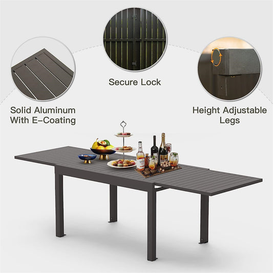 Large Extendable Patio Dining Table, Aluminum Metal Indoor Outdoor 53 - 106  Adjustable For 6-8 Person Rectangular Table For Porch Backyard Balcony Garden  Dark-Brown,1 Table