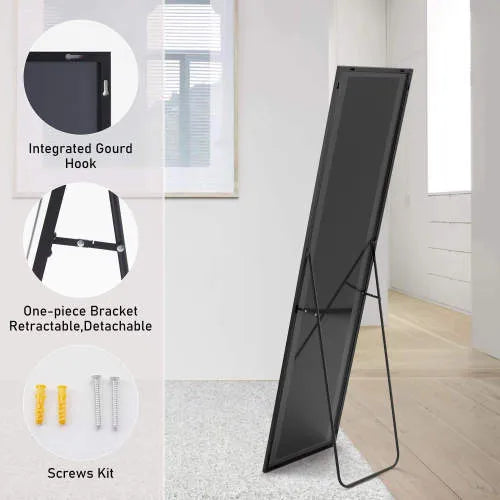 Floor Standing Mirror, Wall Mirror With Stand Aluminum Alloy Thin Frame,21'X64',Black-rect