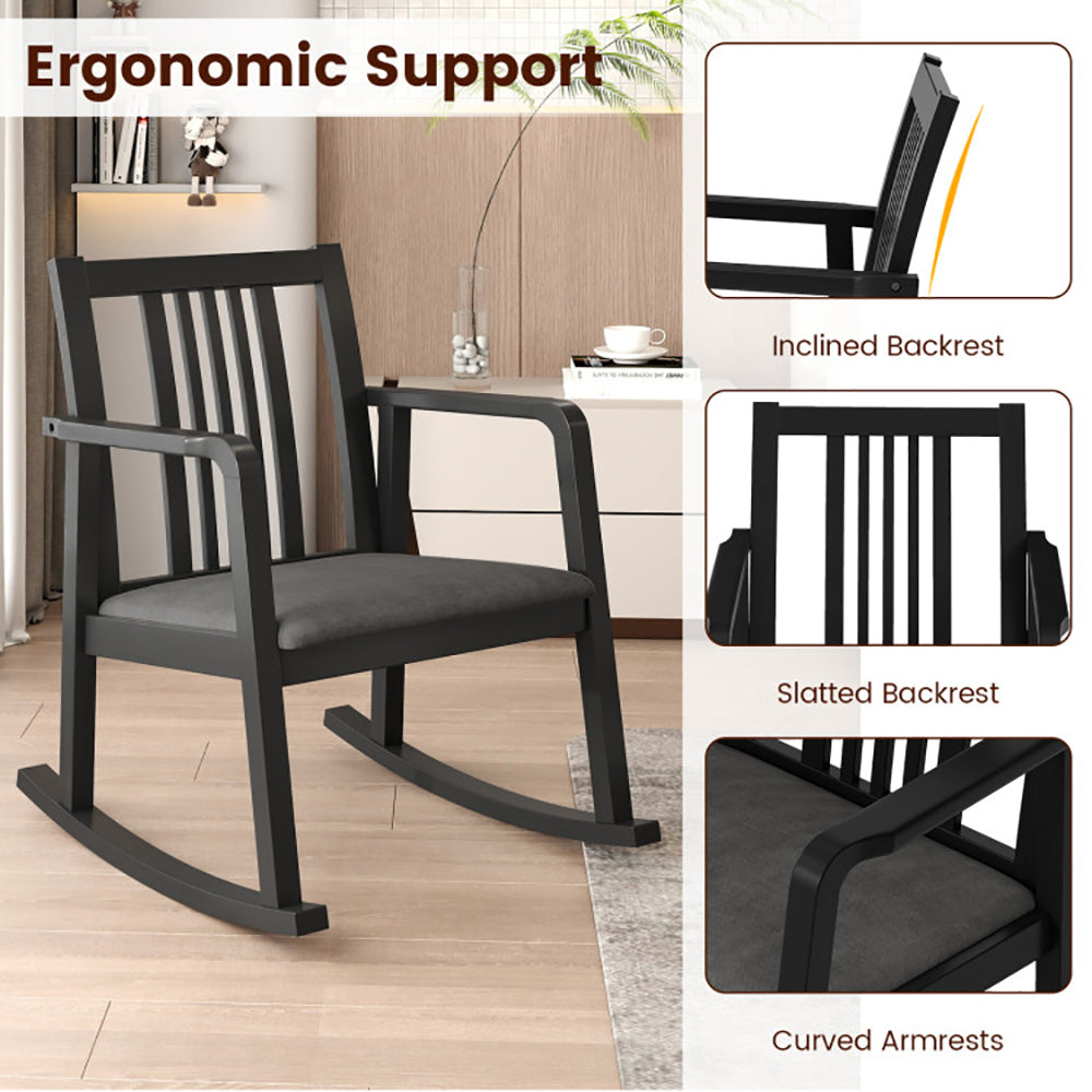 Rocking Chair With Slatted Back And Curved Armrests Rubberwood For Living Room, Bedroom, Study, Balcony Or Covered Patio