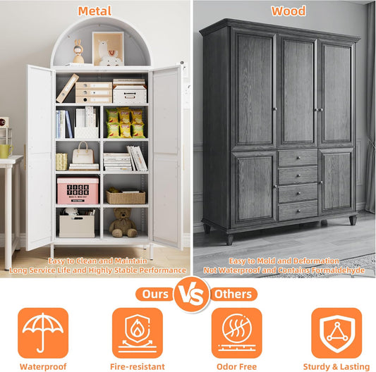 Tall Kitchen Pantry Cabinet, Arched Storage Cabinet With Doors And Adjustable Shelves, White Freestanding Cupboard For Laundry, Dining Room, Living Room, Bathroom