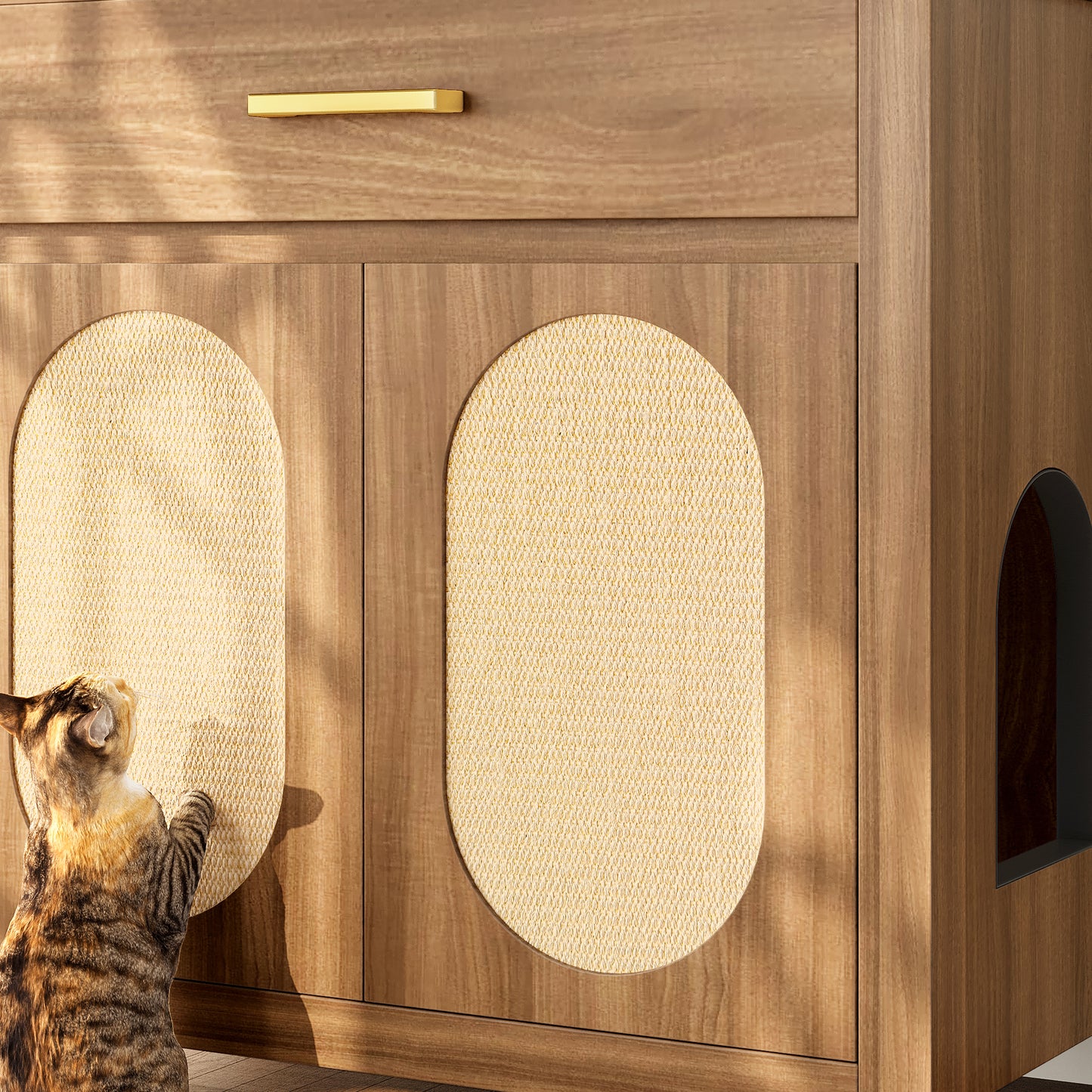 Cat Litter Box Enclosure, Hidden Cat Litter Box Furniture With Scratching Board Doors And Storage Drawer, Wooden Washroom Cat House Table Nightstand Box Cabinet, Espresso