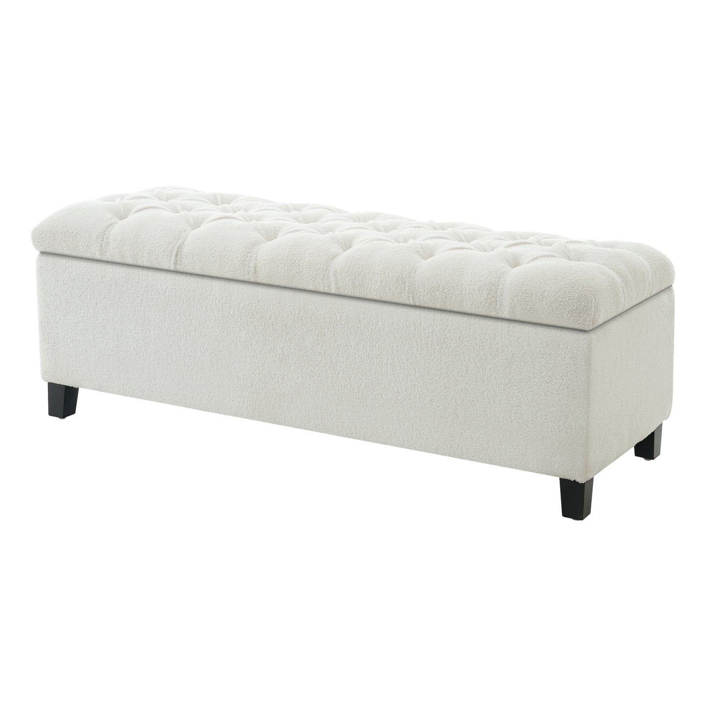 Ottoman Bench With Storage, White Boucle Surface, Rubber Wood Legs, 300 Lbs Capacity