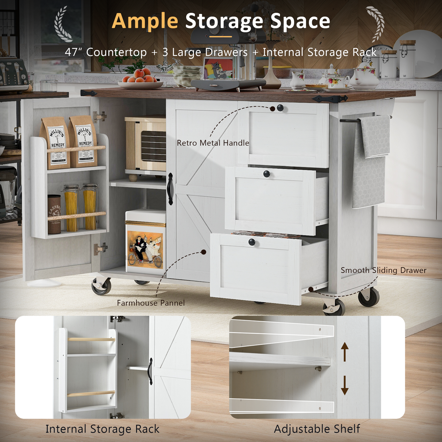 54.5 Farmhouse Kitchen Island With Power Outlet,Kitchen Storage Island With Internal Storage Rack,Drop Leaf,Spice Rack,Rolling Kitchen Cart On Wheels,for Home,Kitchen And Dining Room,White