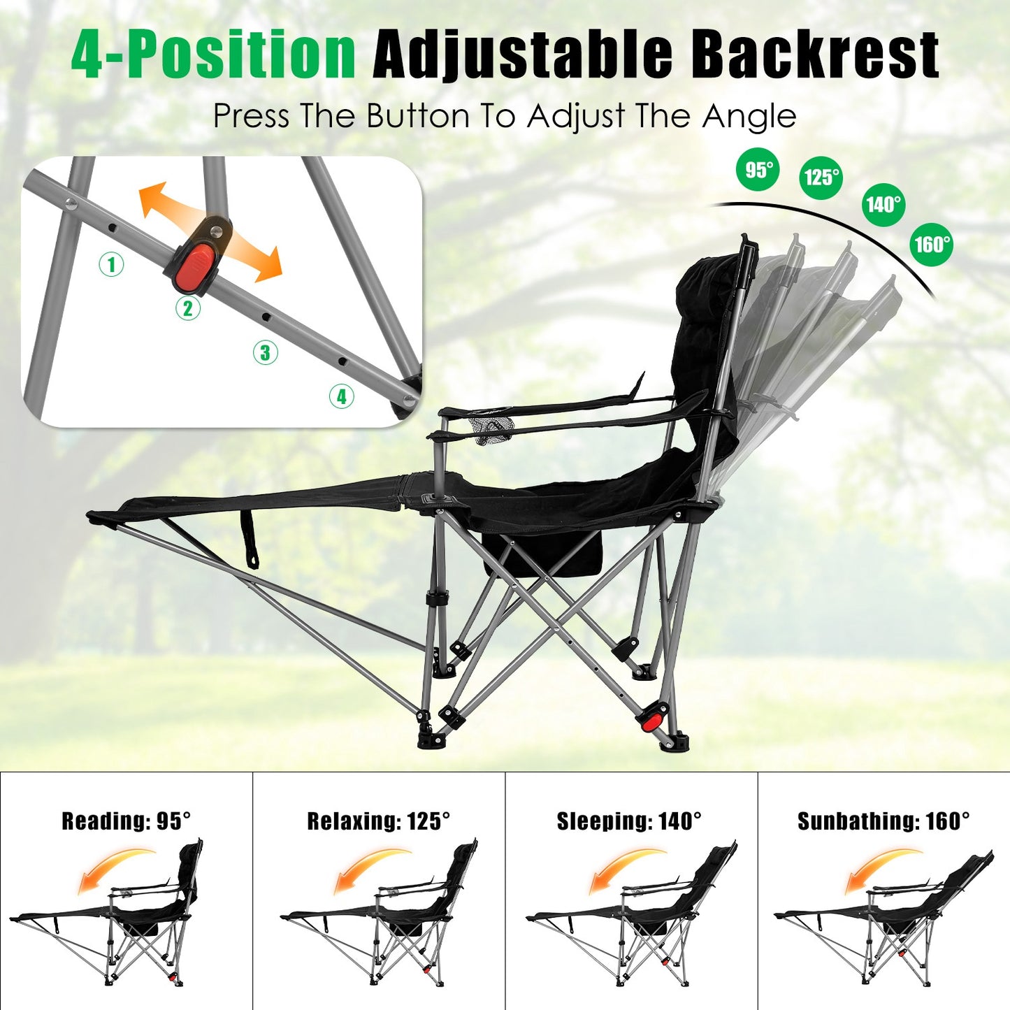 1Pc Reclining Camping Chair With Footrest 4-Position Adjustable Outdoor Folding Chair Heavy Duty Portable Camping Lounge Chair With Headrest Cup Holder & Side Pocket For Outdoor Beach Patio Travel