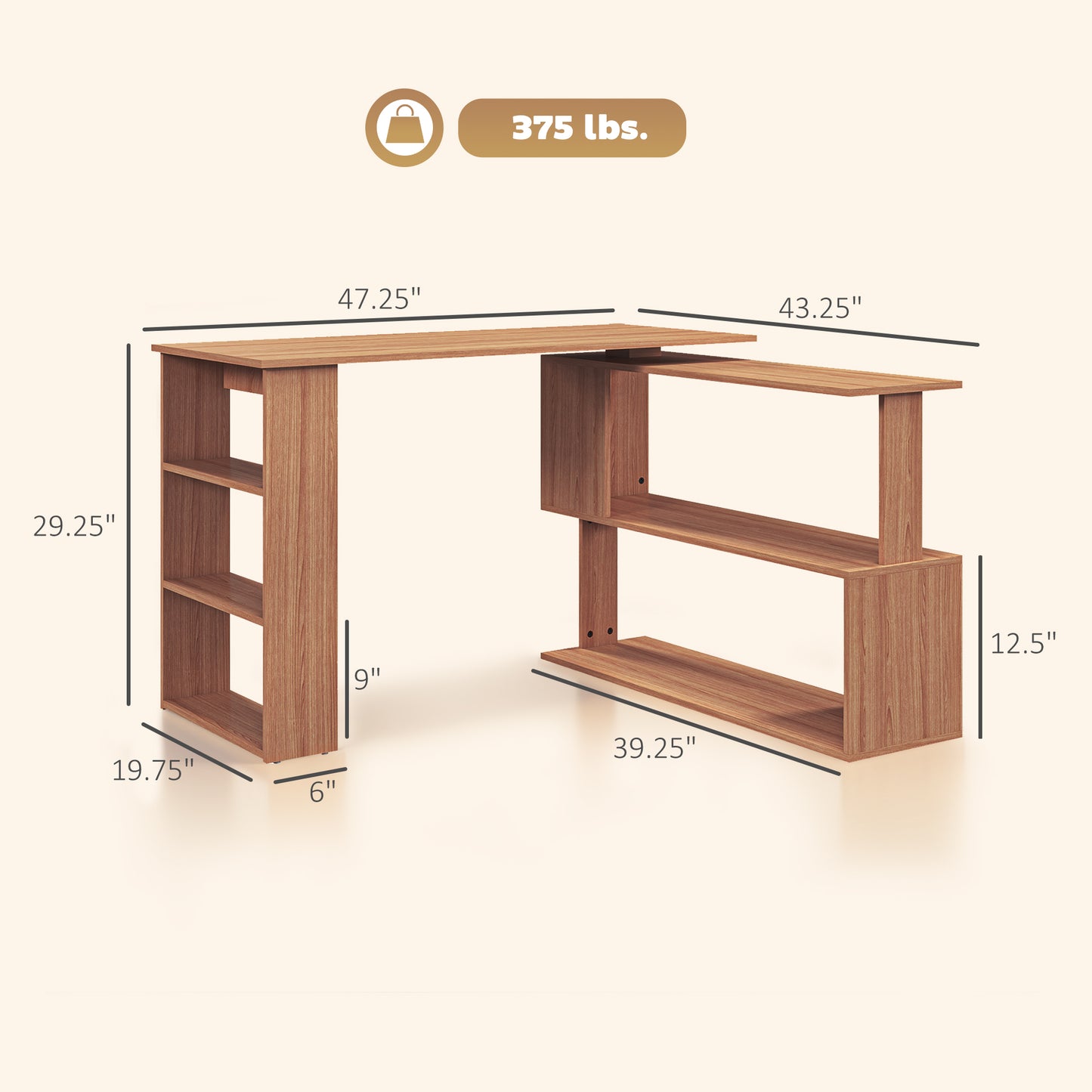 360° Rotating Home Office Desk L Shaped Corner Computer Desk With Storage Shelves, Writing Table Workstation, Teak