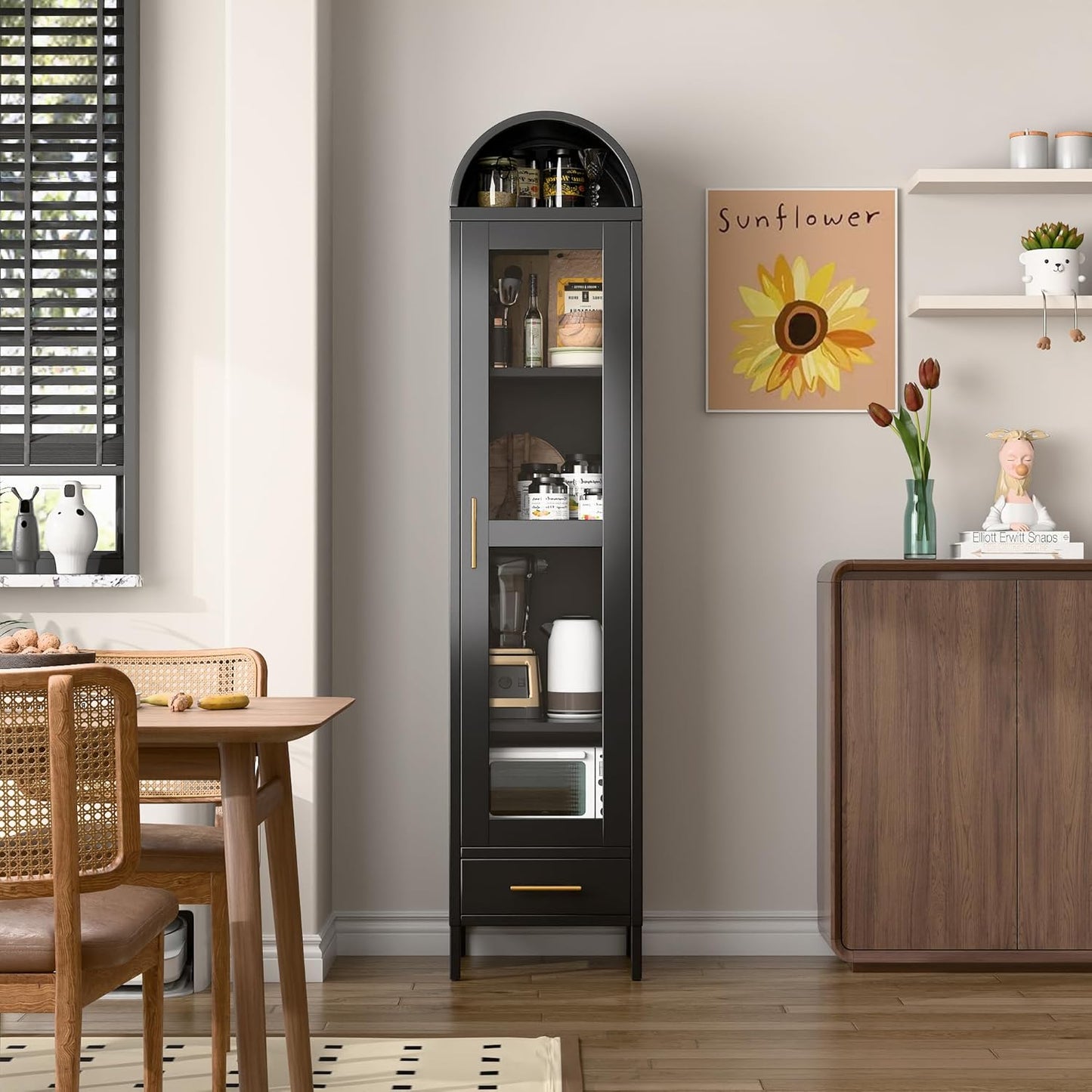 Metal Arched Bookcase Cabinet, Arch Display Storage Cabinet With Glass Doors & Shelves And 1Drawer For Living Room, Kitchens,Office, Black, Assembly Required