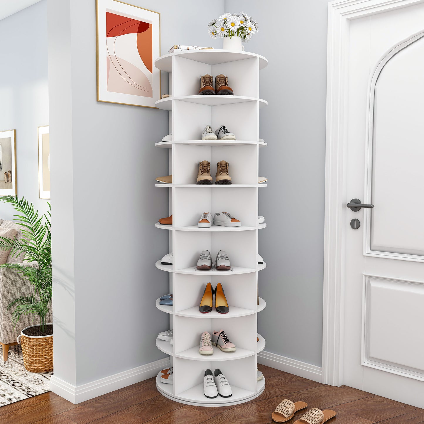 Rotating Shoe Rack Tower, 8-Tier Spinning Storage Rack, Free Standing 360 Revolving Shoe Organizer, Holds 32 Pairs Of Shoes  8-Tier,White