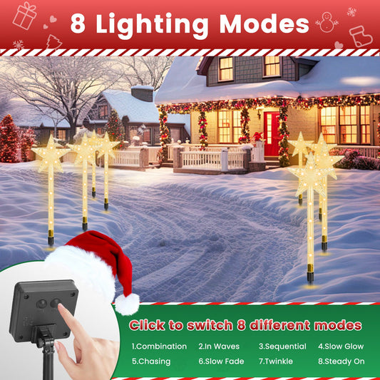 8Pack Christmas Solar Stake Light 64LED Beads Star Shaped Pathway Lights With 8 Lighting Modes IP64 Waterproof Xmas Decoration For Garden Patio Yard Porch Driveway