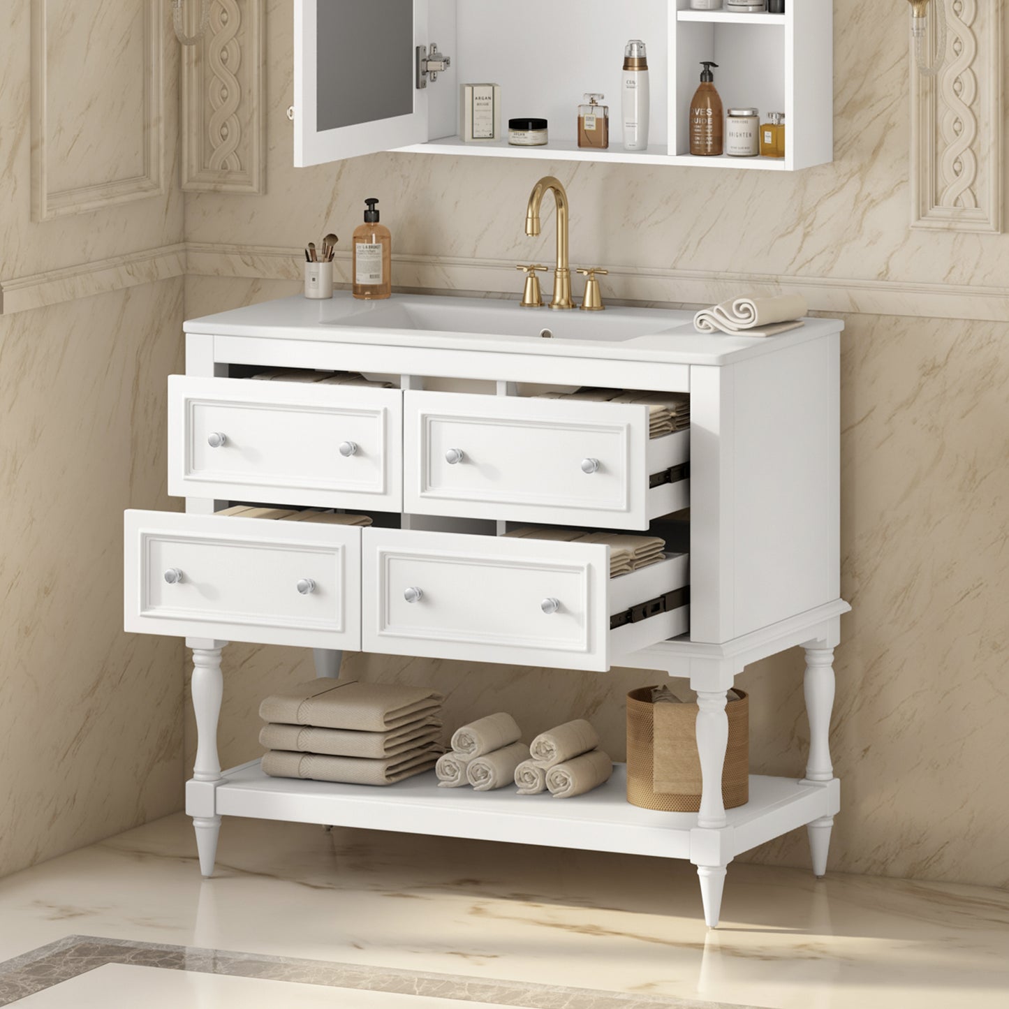 36 Bathroom Vanity Cabinet With Sink Combo Set, Undermount Ceramic Sink, Free Standing Vanity Set With 4 Drawers, Solid Wood Frame Bathroom Cabinet, White