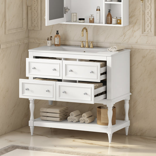 36 Bathroom Vanity Cabinet With Sink Combo Set, Undermount Ceramic Sink, Free Standing Vanity Set With 4 Drawers, Solid Wood Frame Bathroom Cabinet, White