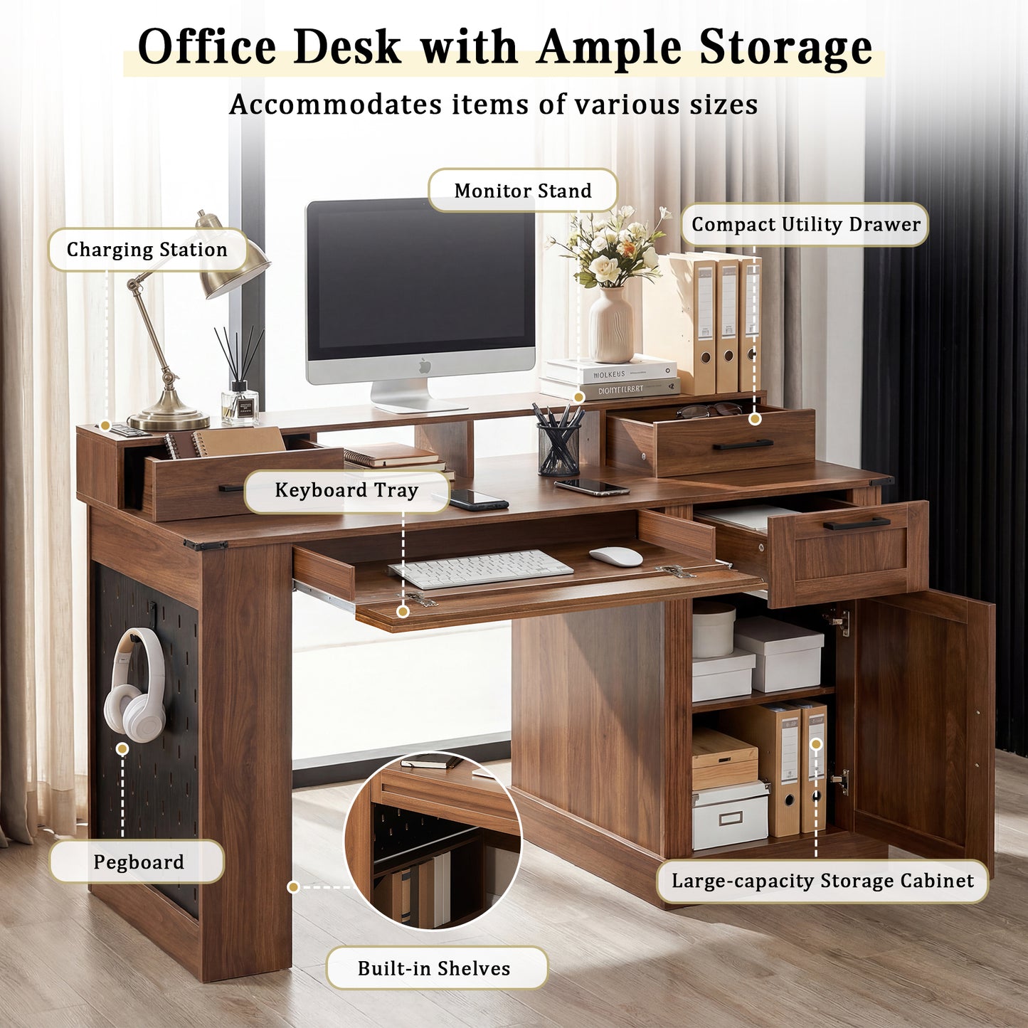 55 Farmhouse Office Desk With Storage Cabinet  Charging Station, Barn Door Design Computer Writing Desk With Keyboard Tray, Monitor Stand & Pegboard For Study, Living Room, Home Office, Dark Walnut