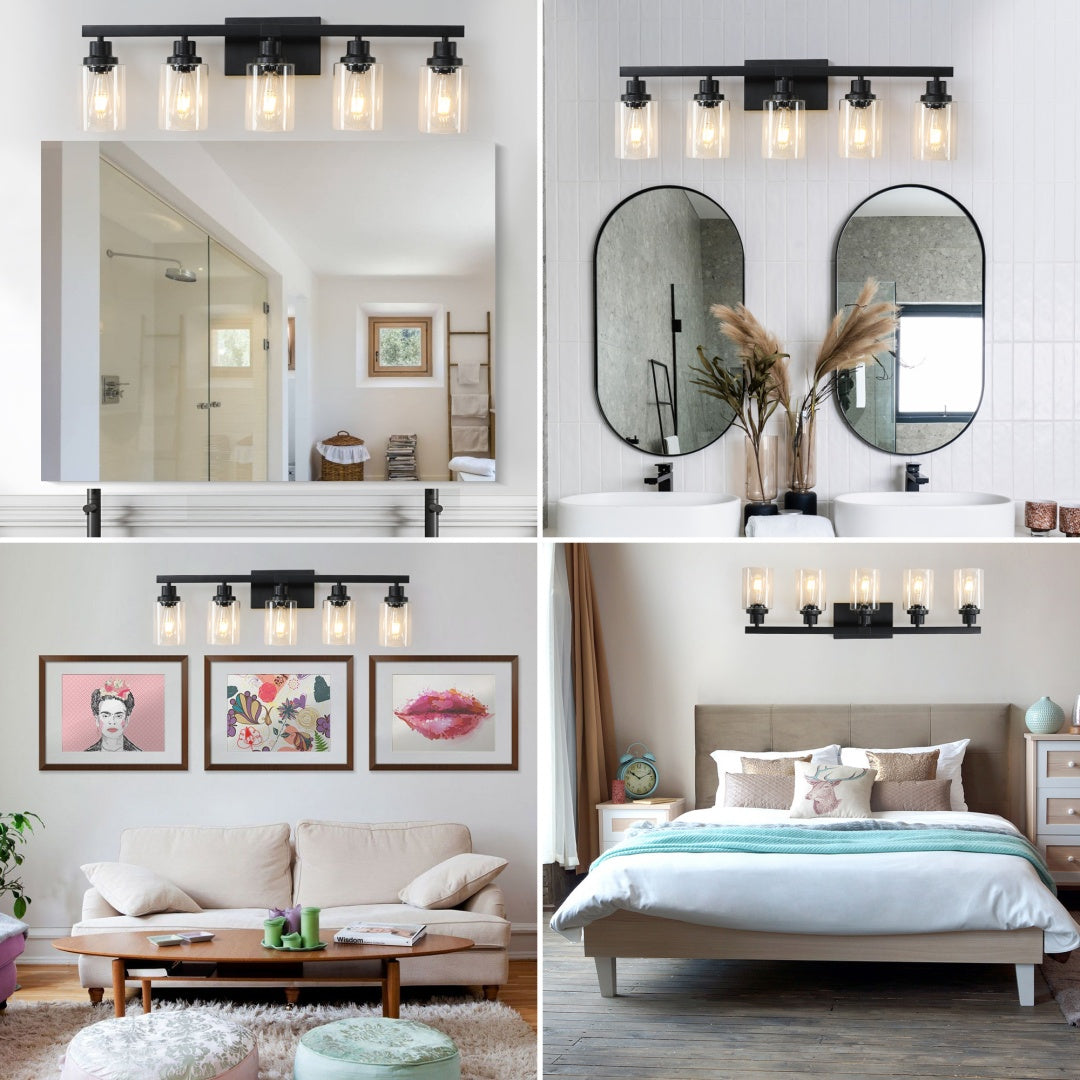 31  Modern Black 5-Light Bathroom Vanity Light Fixture, Industrial Wall Sconce With Clear Glass Shades For Mirror, Bathroom, Bedroom, And Hallway --No Bulbs